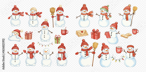 A festive collection of cute watercolor snowmen wearing red hats and scarves, with Christmas gifts and decorations.