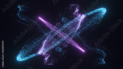 Abstract Digital Particles Flowing: Vibrant Blue and Purple Energy Stream Forming a Dynamic Futuristic Pattern on a Dark Background, Technology and Science Concept