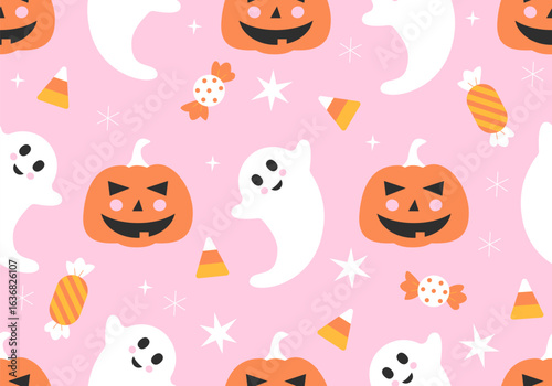 Halloween seamless pattern background with pumpkins and ghost, sweets. Halloween pumpkin jack-o-lantern. Cute design. Trendy art style abstract autumn texture