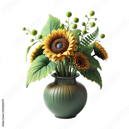 Sunflower vase isolated on white background