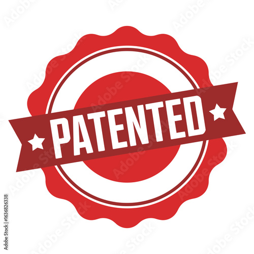 Red and white circular badge with the word patented on a banner