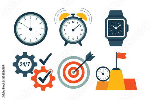 Collection of clocks and time management icons representing punctuality and goals