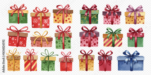 A collection of colorful watercolor Christmas gift boxes with festive ribbons and bows.