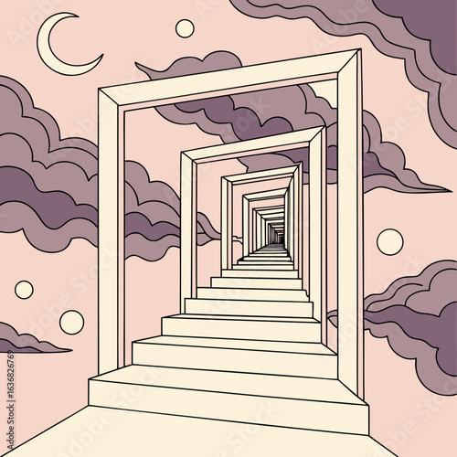 Surreal setting with mirrors, stairs and dreamlike sky.