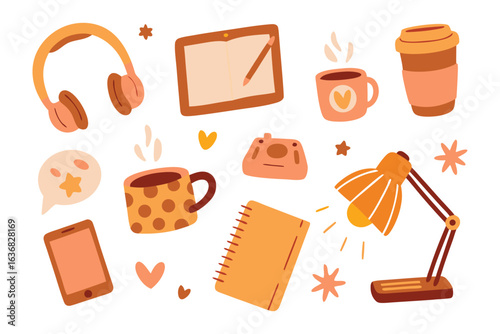 Study Desk Elements: An array of charming study elements, rendered in warm, inviting colors, including headphones, a tablet with a stylus, steaming cups, a digital notepad.