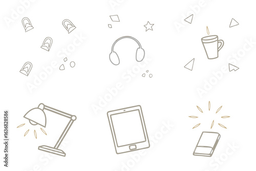 Cozy Work-From-Home Essentials: A carefully curated collection of work-from-home essentials artfully arranged, including headphones, lamp, tablet, mug, and notepads.