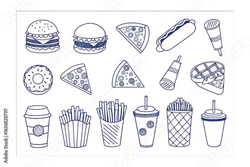 Drawn fastfood composition: A monochrome illustration showcases an array of delicious fast food items in a clear, artistic style. Capturing the allure of classic fast food.