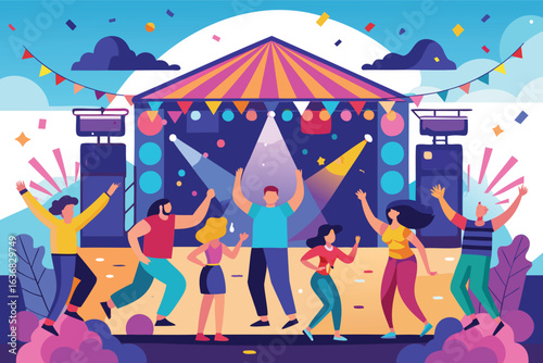 Party with People Dancing at a Festival Stage with Lights