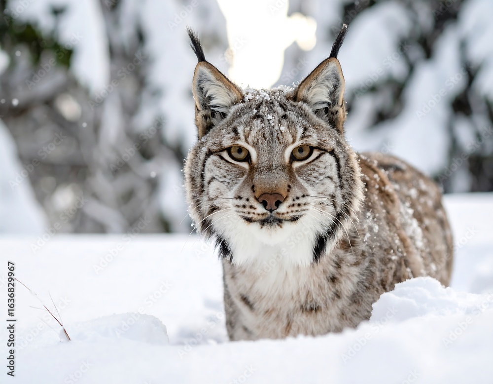 Obraz premium Winter lynx stares, snow-covered