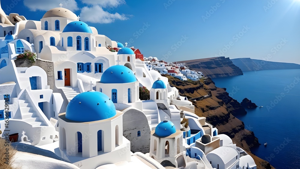 Obraz premium Santorini Cliffside Village with Blue Domes
