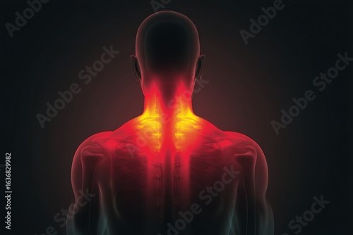 Human body with neck pain, inflammation and muscle ache highlighted in red and yellow color, a sign of injury and health problem