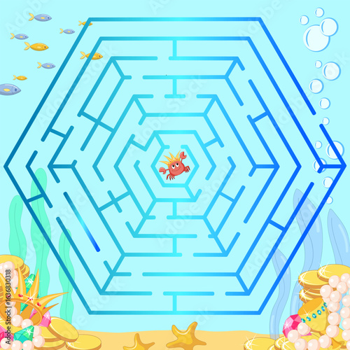 Help the crab get out of the underwater maze. Educational game for children. Cartoon vector illustration for activity book, worksheet, print.
