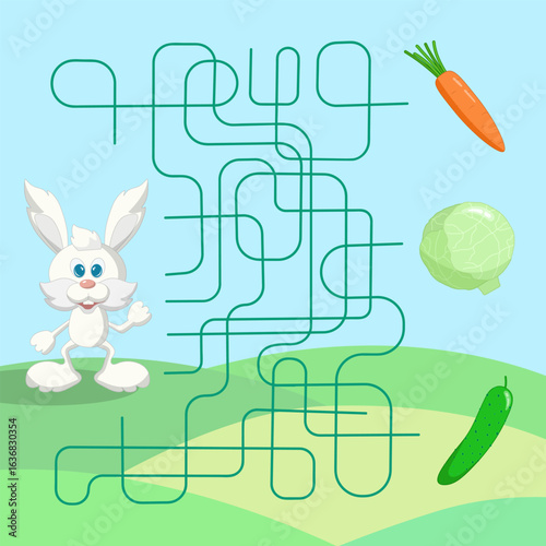 Maze game. Find which vegetable the rabbit wants to eat. Educational games for children. Vector illustration for worksheet, activity book, print.