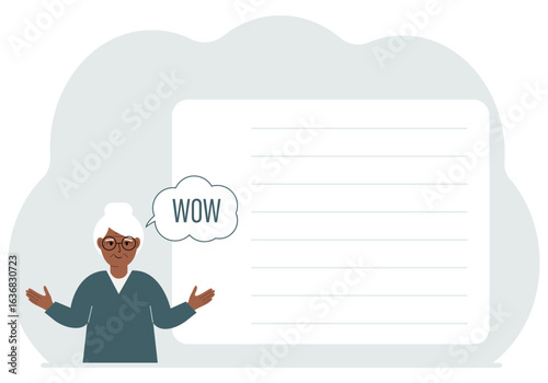 The woman spread his arms to the sides. Cloud with the text WOW. Shock and surprise. Poster with place for text.