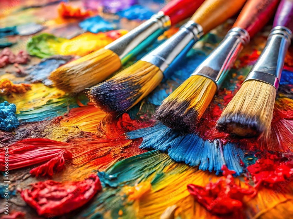Fototapeta premium Closeup of vibrant paintbrushes resting on a colorful palette, showcasing artistic expression and creativity