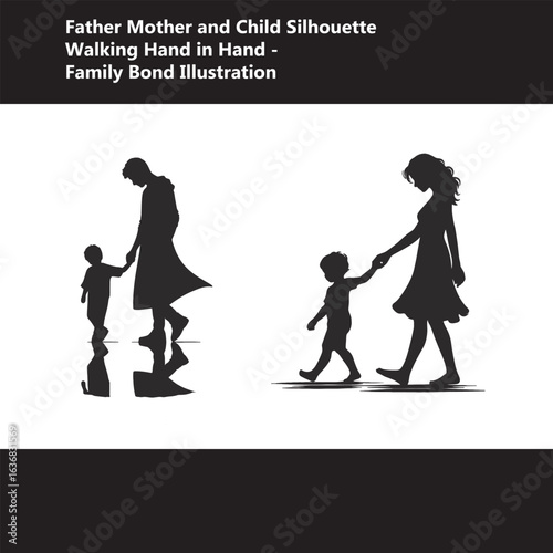 Silhouette of father, mother, and child walking hand in hand  family bond and parenthood concept illustration
