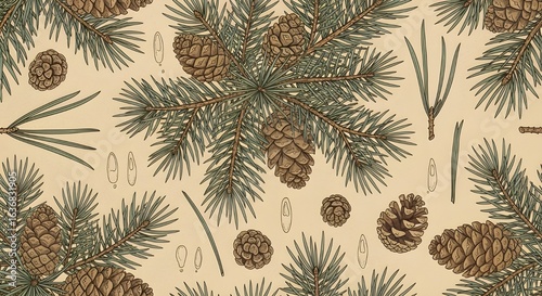 Vintage Pine Cones and Evergreen Branches Botanical Seamless Pattern
