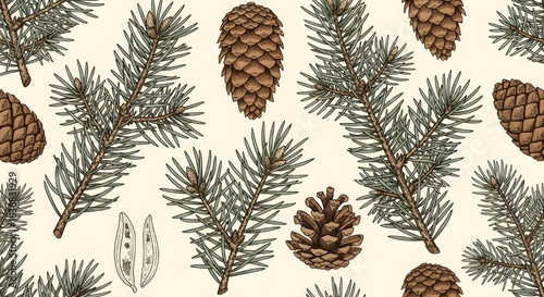 Vintage Pine Cone and Branch Seamless Pattern Botanical Illustration