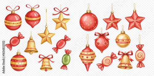 A festive collection of watercolor Christmas tree ornaments, including red and gold baubles, stars, bells, and candies.