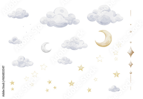 Watercolor moon and stars clipart set with fluffy clouds, night sky elements, dreamy celestial designs for nursery decor, baby shower invitations, kids products, posters, greeting cards, and apparel