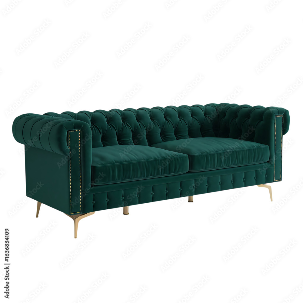 Obraz premium Elegant emerald green velvet chesterfield sofa with gold legs isolated on transparent background is a luxurious furniture piece
