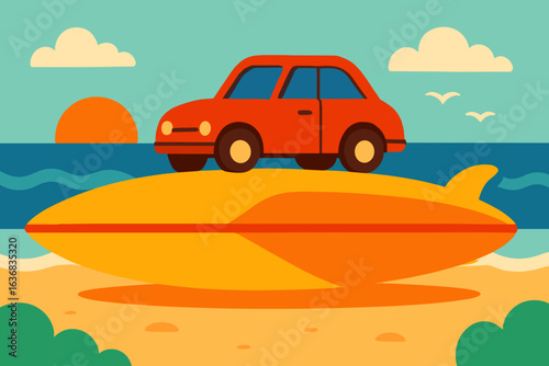Vector illustration featuring a summer surf print with a car, palm trees, and lettering