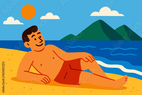 Travel time has arrived, featuring a young man sunbathing on the beach, symbolizing a summer vacation concept through a travel illustration
