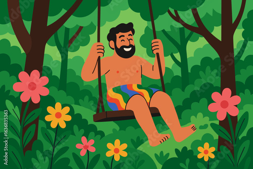 Vsai tourist is swinging from a jungle vine and enjoying a tropical vacation