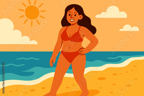 Modern flat vector cartoon illustration of a happy young woman enjoying the sun on a summer beach, representing seaside vacation, holiday travel, relaxation, and leisure lifestyle
