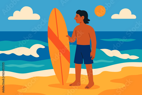 A man is standing on the beach with a surfboard, gazing out at the sea