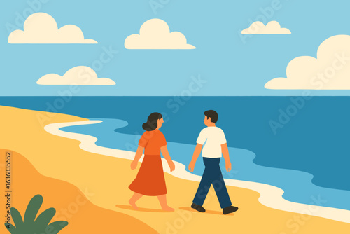 A man and woman stroll along a tropical beach, engaging in outdoor recreational activity amidst a natural setting, depicted in a minimalist art style