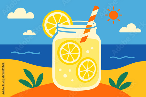 Modern flat vector cartoon illustration of refreshing summer detox water with lemon, cucumber, and mint in a mason jar on a sunny beach with a tropical sea background, representing a healthy drink