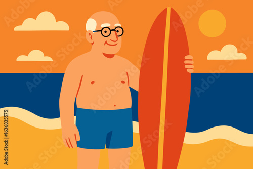 An older man dressed casually stands by the ocean beach holding a surfboard