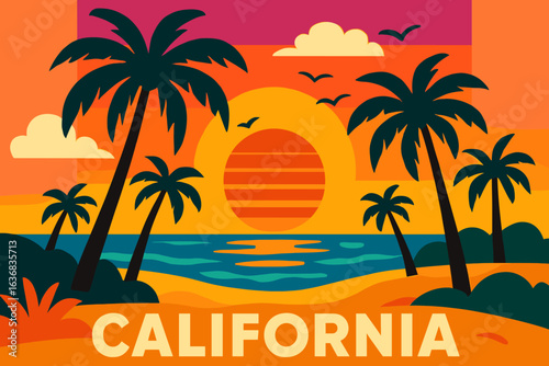 California summer vacation artwork features sunshine paradise and surf club elements in a vibrant graphic print design that embodies summer vibes