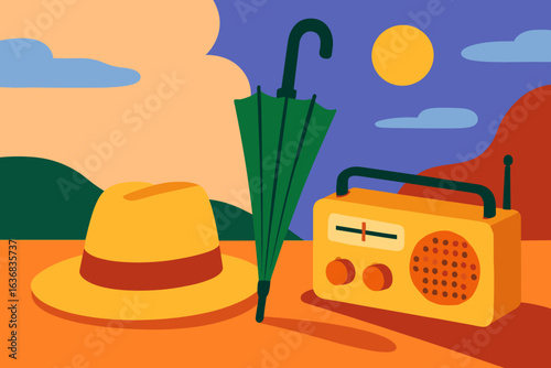 Relaxing outdoors on a sunny day with a 3D beach umbrella, women's sun hat, sunglasses, and radio, embodying lazy leisure, as depicted in a color vector poster representing safe recreation in parks