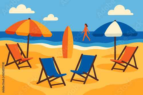 A serene summer vacation at the beach with palm leaves and a toll to relax under a simple banner