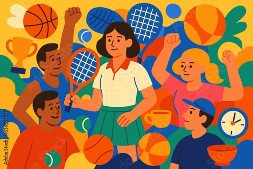 A vibrant summer vector banner depicting individuals engaging in sports, featuring an illustration of summer sports activities including volleyball and badminton, with people playing outside