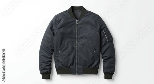 A classic black bomber jacket with a front zipper, laid flat and isolated on a white background.