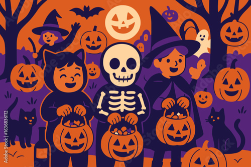 Adorable youngsters dressed up for Halloween, accompanied by black cats, pumpkins, and various design elements