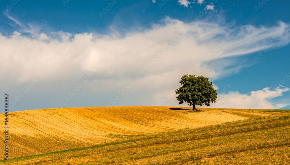 Fototapeta premium Single Tree in Golden Field under Blue Sky
