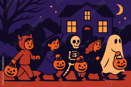 Kids wearing Halloween outfits are going from door to door in front of a residence