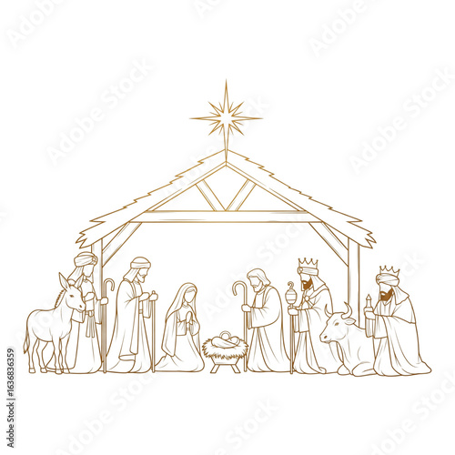 Nativity scene with mary, joseph, and wise men isolated on transparent background