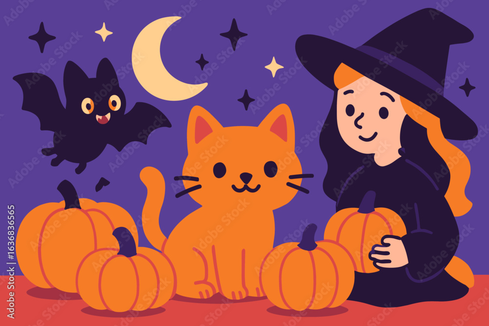 Fototapeta premium A Halloween-themed vector set featuring a girl in a witch costume, a cat in a witch hat, ghost, bats, cauldron, jack lantern, and pumpkins, all on a white background, as a vector illustration