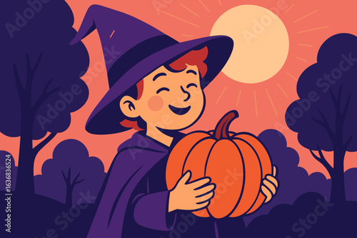 Vector illustration depicting a boy holding a pumpkin, dressed in a Halloween costume, surrounded by festive decorations