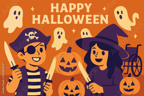 A boy with an amputation and a girl in a wheelchair were dressed as Frankenstein and a witch on Halloween night