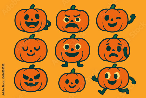 A set of pumpkin with Halloween costume, represented by line art cartoon character design in vector format