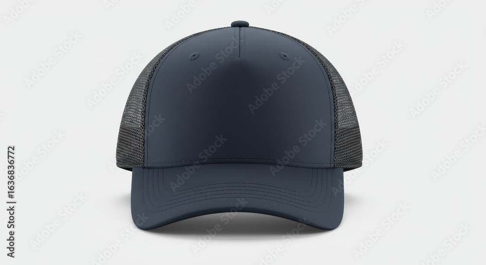 A front view of a blank dark blue trucker hat with a black mesh back on a white background. A front view of a blank dark blue trucker hat with a black mesh back on a white background.