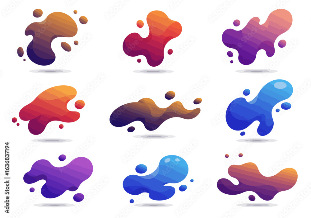 Collection of Colorful Gradient Fluid Shapes with Small Spheres and Shadows