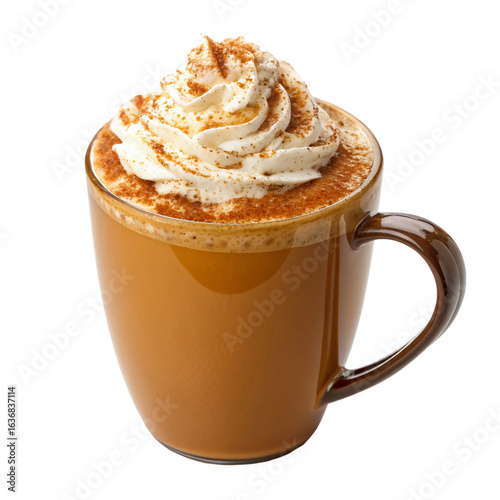 warm pumpkin spice latte in a ceramic mug topped with whipped cream and cinnamon, isolated PNG transparent background 