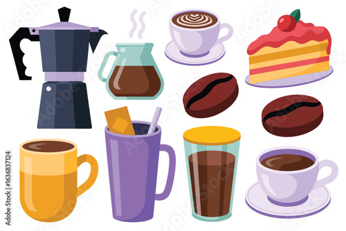 Collection of coffee drinks and desserts for breakfast or cafe menu